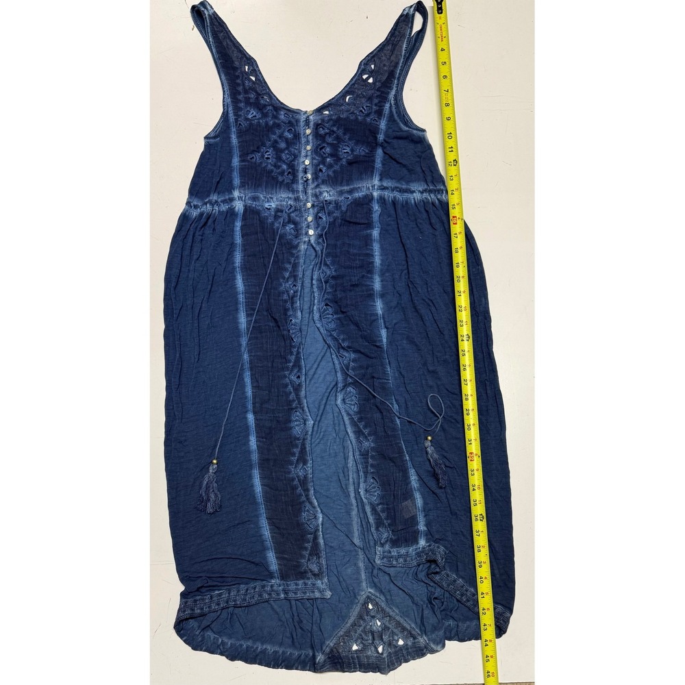 Free People Indigo Blue Embroidered Eyelet Tassel Midi Dress Womens XS Boho
